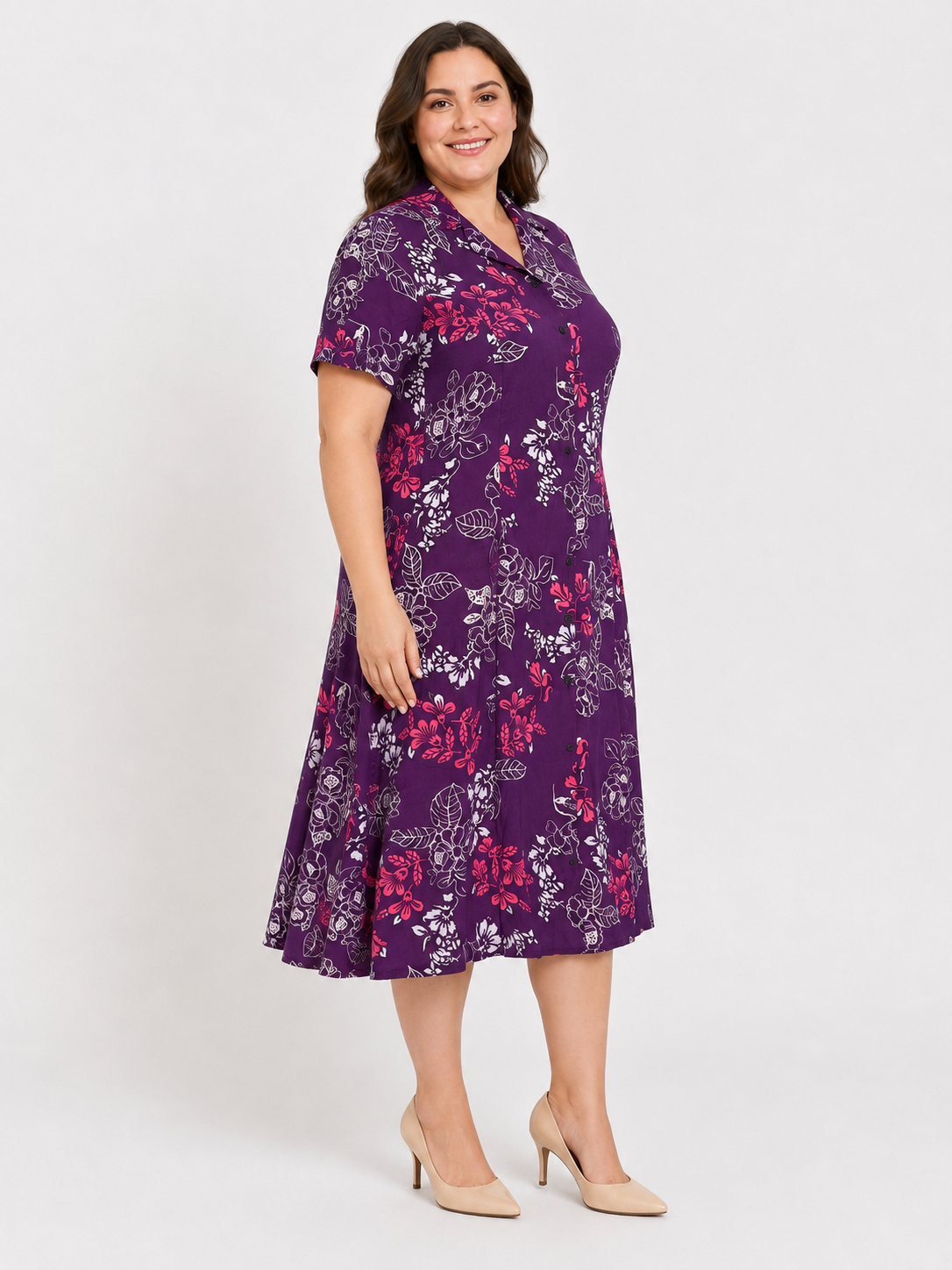 U&F Beyond Plus Size Purple Floral Printed Fit & Flare Midi Dress
