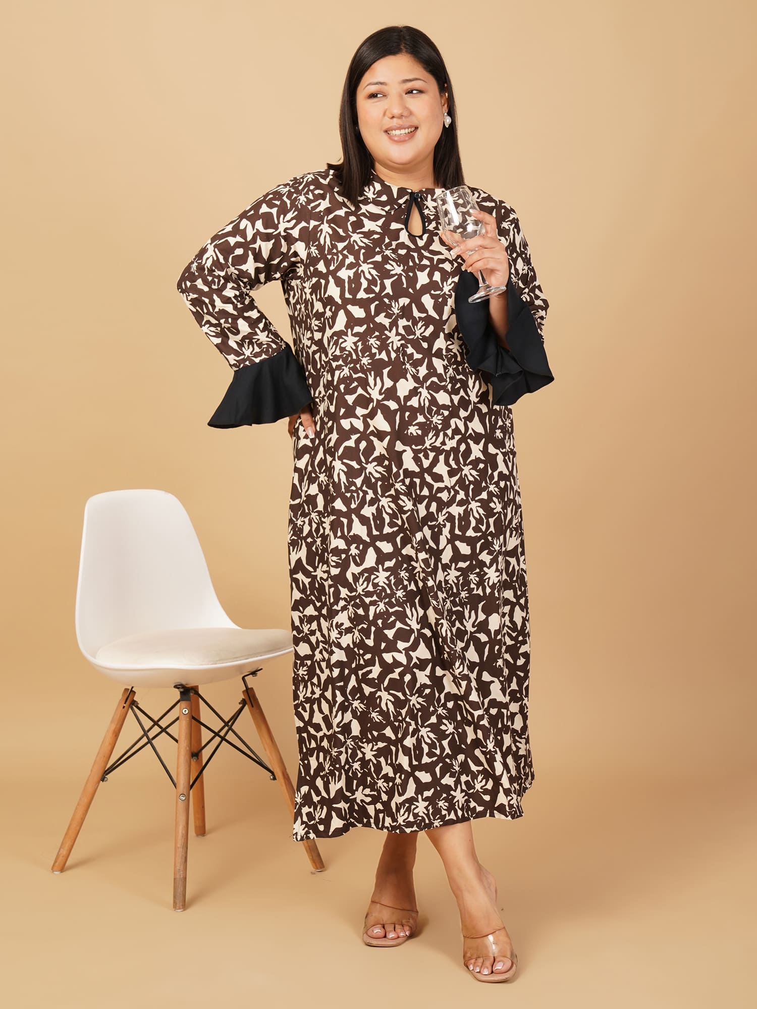 U&F Beyond Plus Size Cotton Brown Abstract Printed A-Line Midi Dress