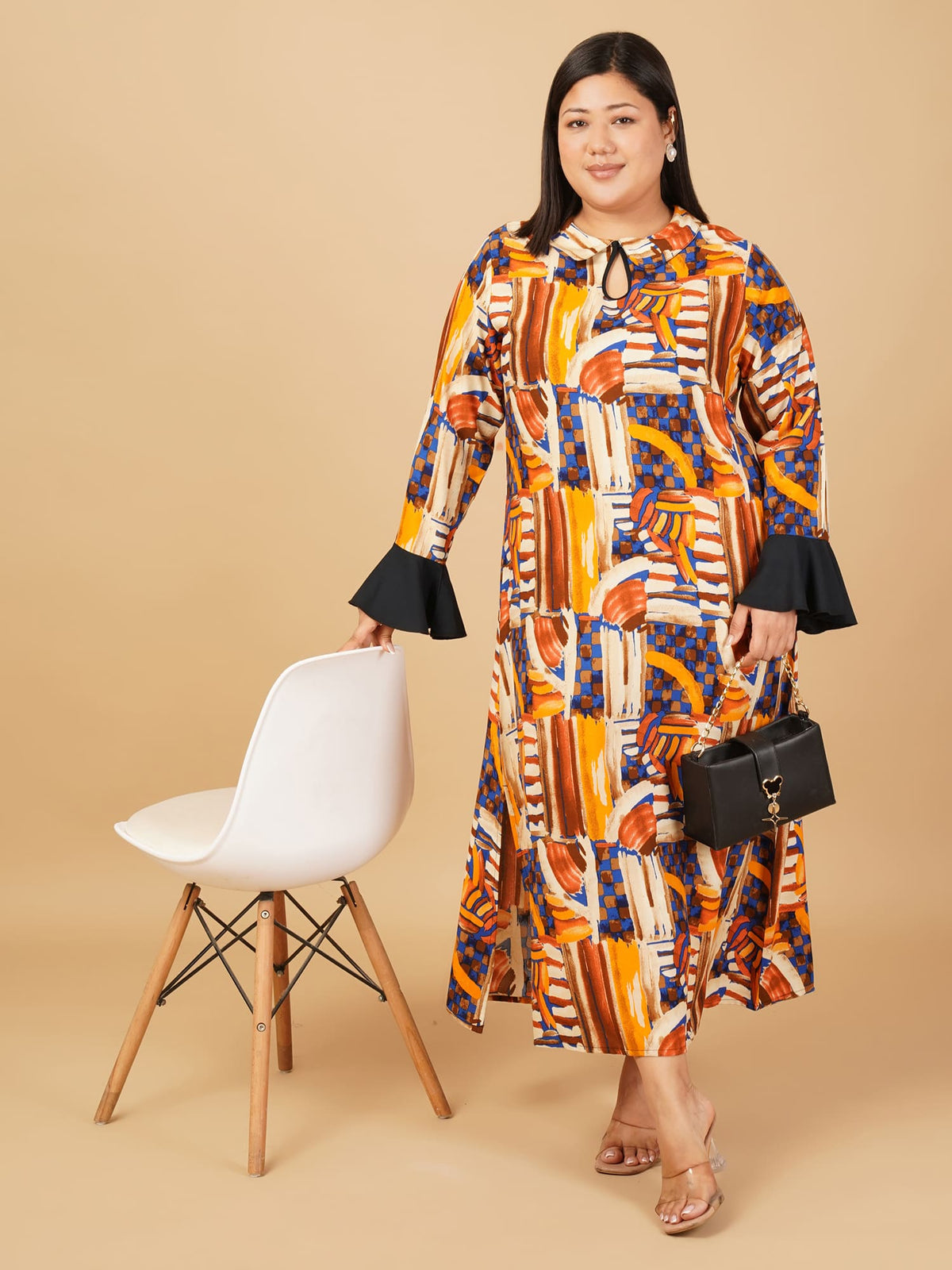 U&F Beyond Multicolour Plus Size Cotton Abstract Printed Flared Midi Dress