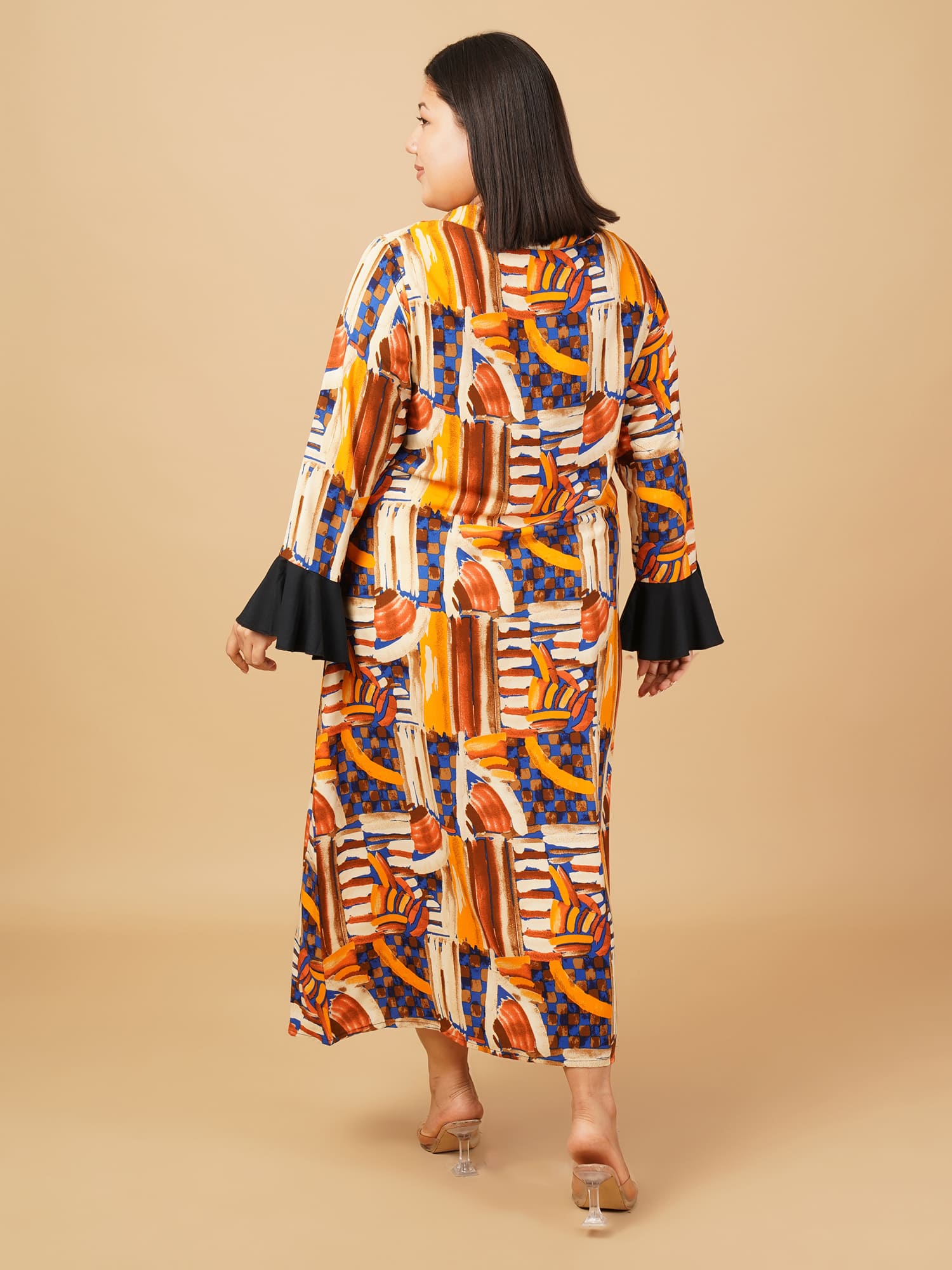 U&F Beyond Multicolour Plus Size Cotton Abstract Printed Flared Midi Dress