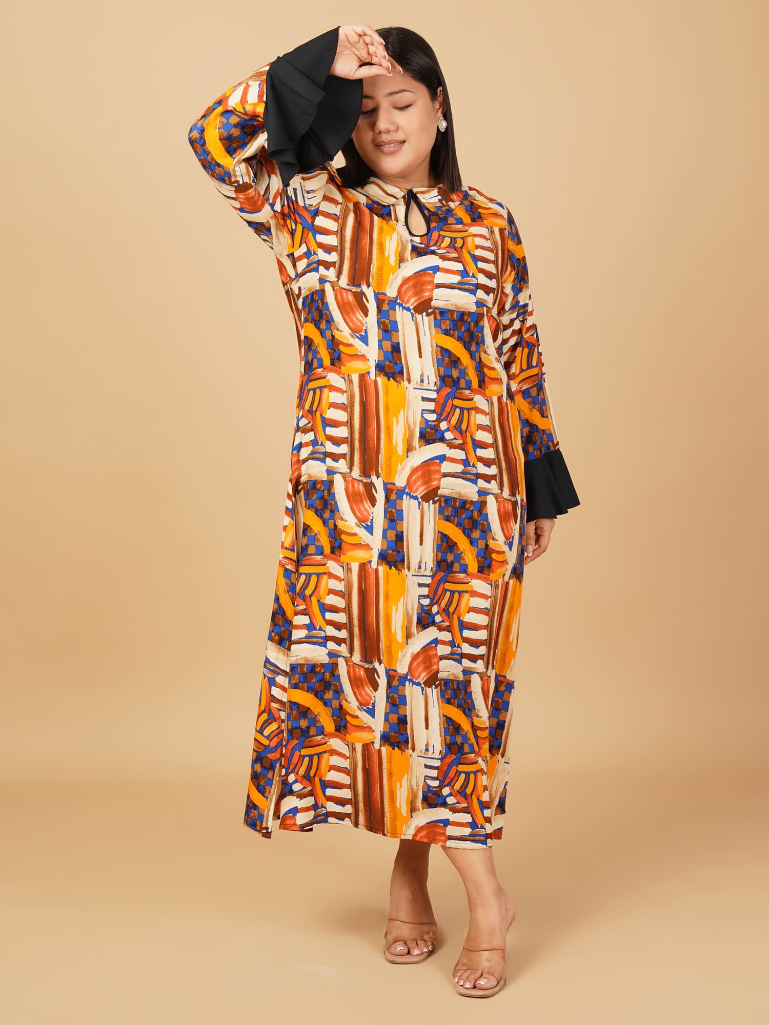 U&F Beyond Multicolour Plus Size Cotton Abstract Printed Flared Midi Dress