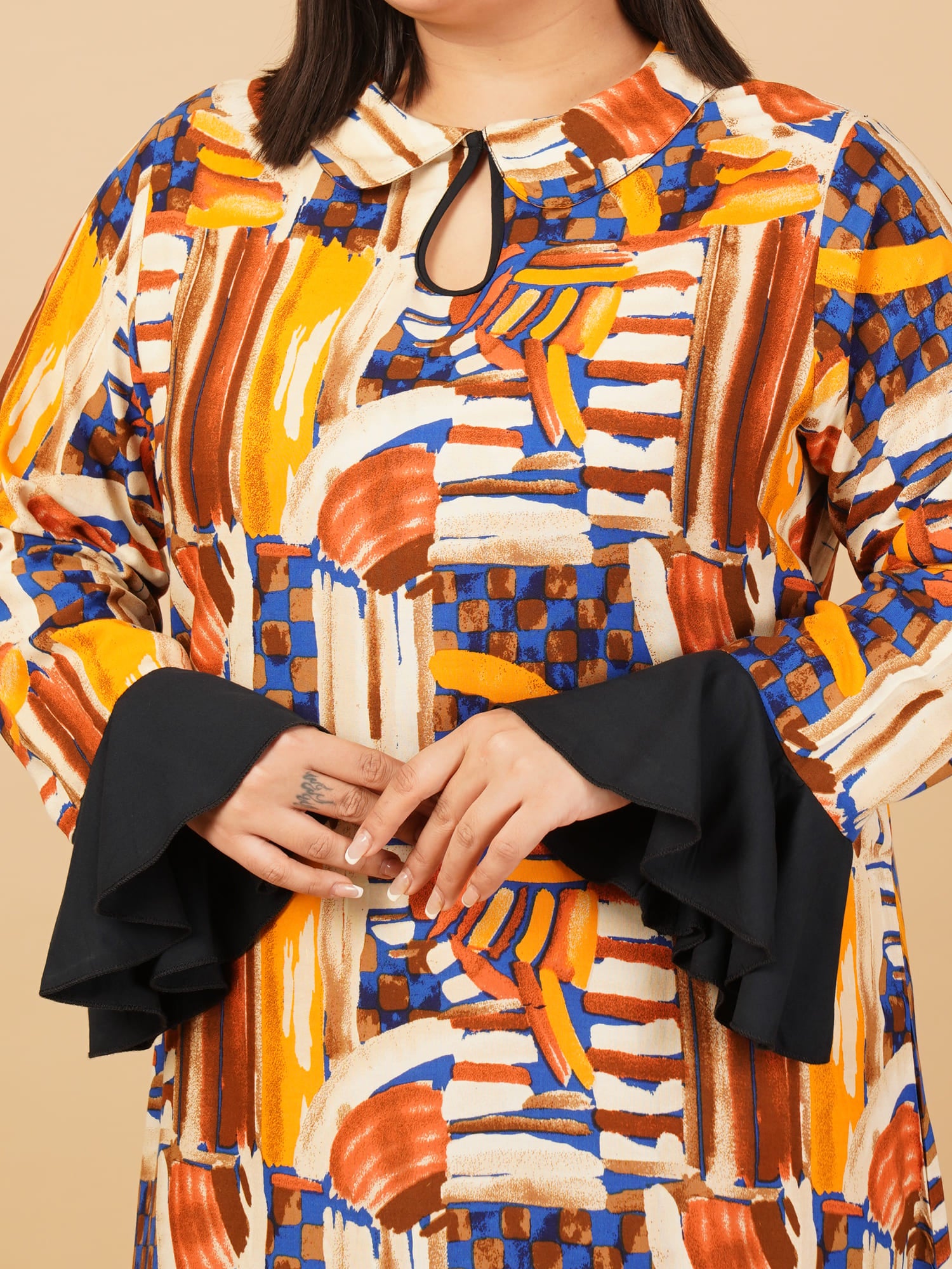 U&F Beyond Multicolour Plus Size Cotton Abstract Printed Flared Midi Dress