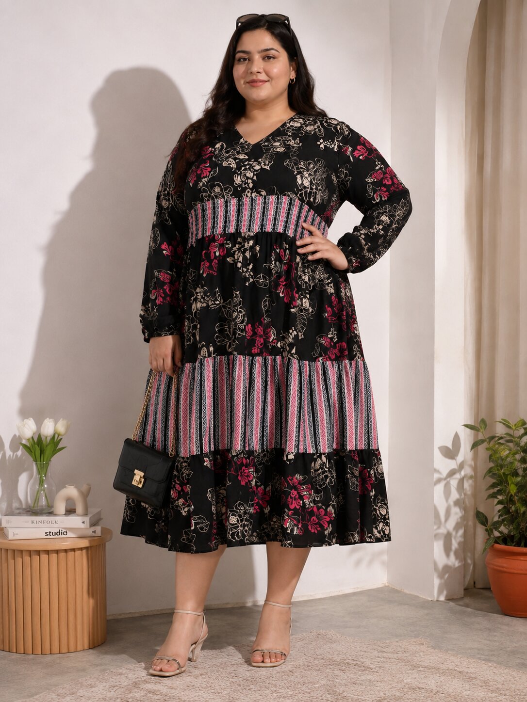 U&F Beyond Plus Size Cotton Black Floral Printed Tiered Midi Dress