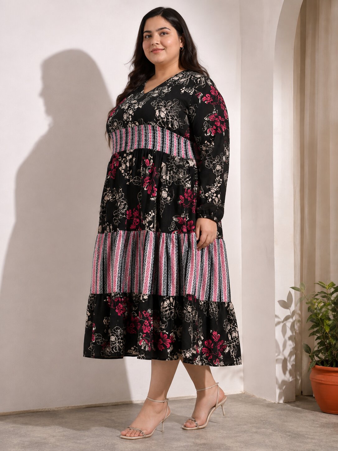 U&F Beyond Plus Size Cotton Black Floral Printed Tiered Midi Dress
