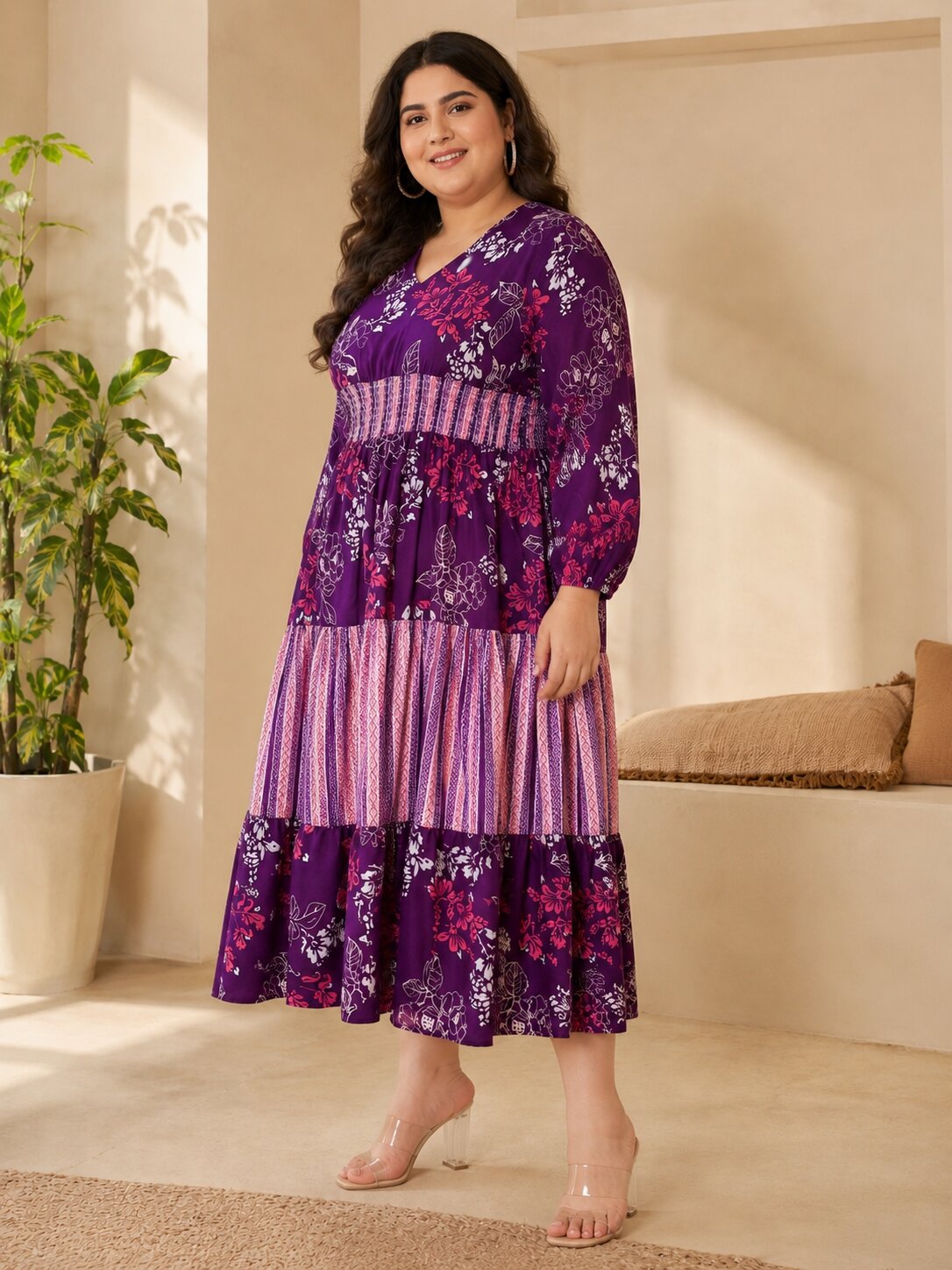U&F Beyond Plus Size Cotton Purple Floral Printed Tiered Midi Dress