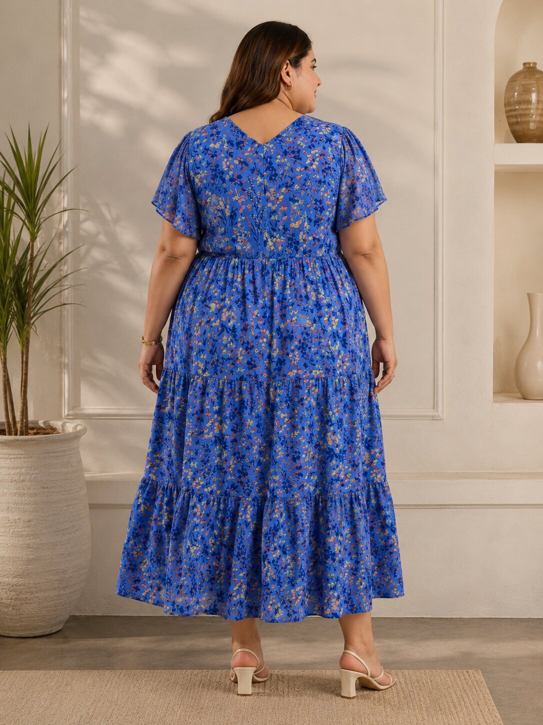 U&F Beyond Plus Size Georgette Blue Floral Printed Tiered Midi Dress