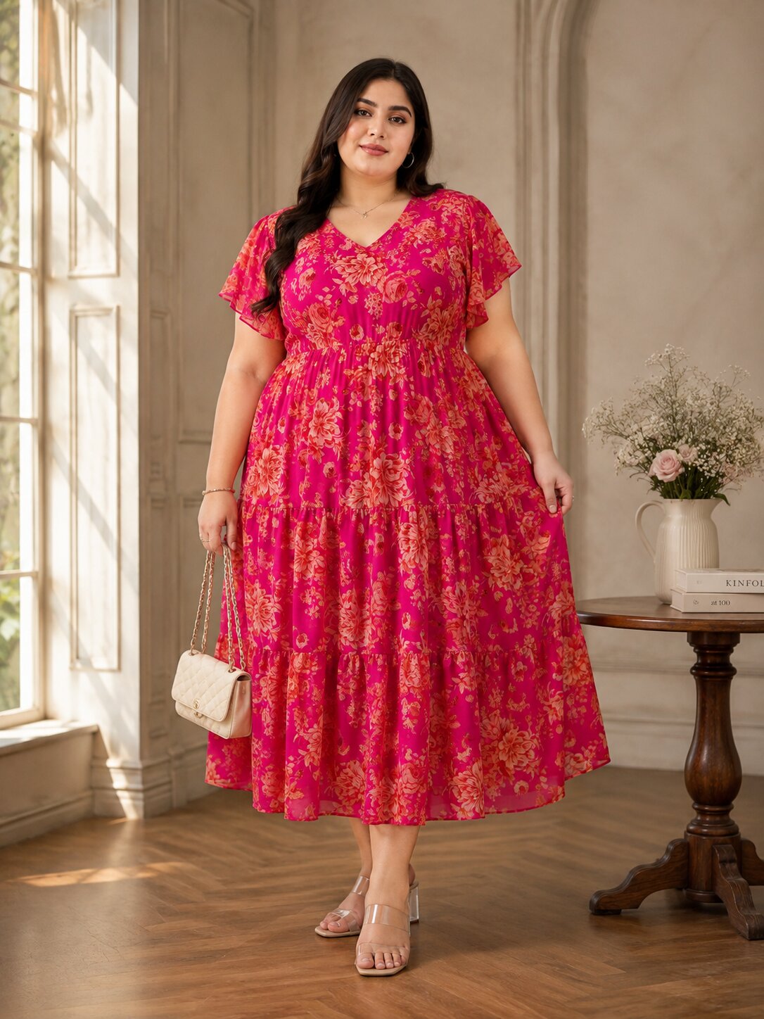 U&F Beyond Plus Size Georgette Pink Floral Printed Tiered Midi Dress