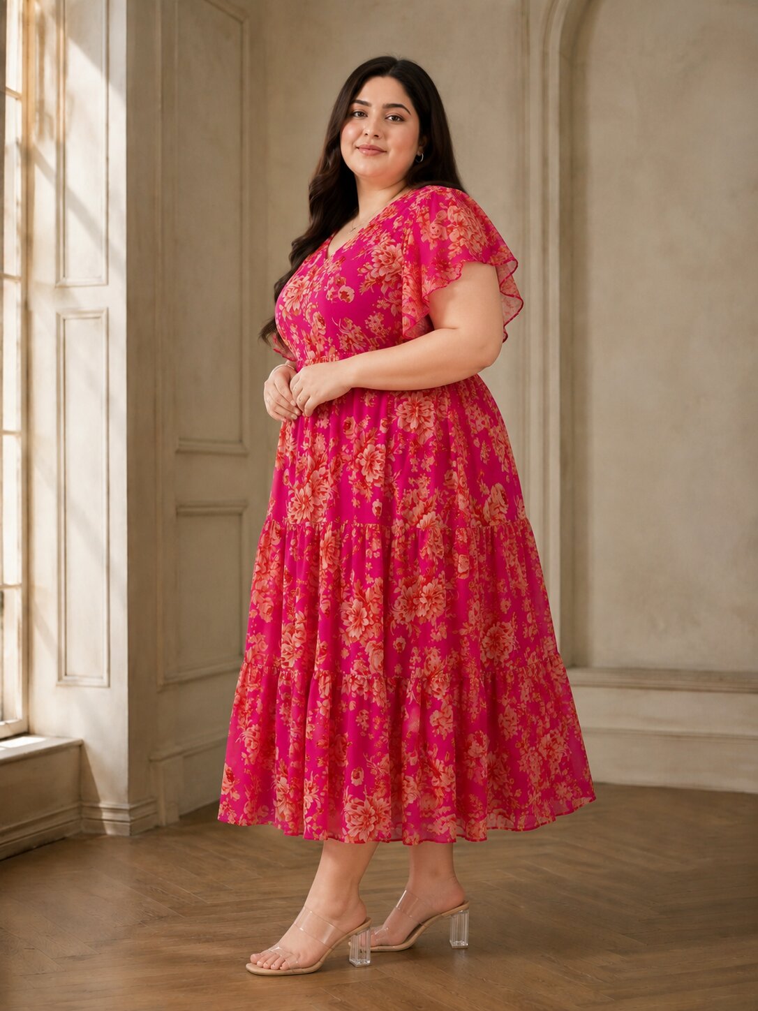 U&F Beyond Plus Size Georgette Pink Floral Printed Tiered Midi Dress