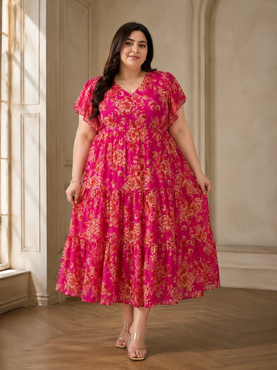 U&F Beyond Plus Size Georgette Pink Floral Printed Tiered Midi Dress