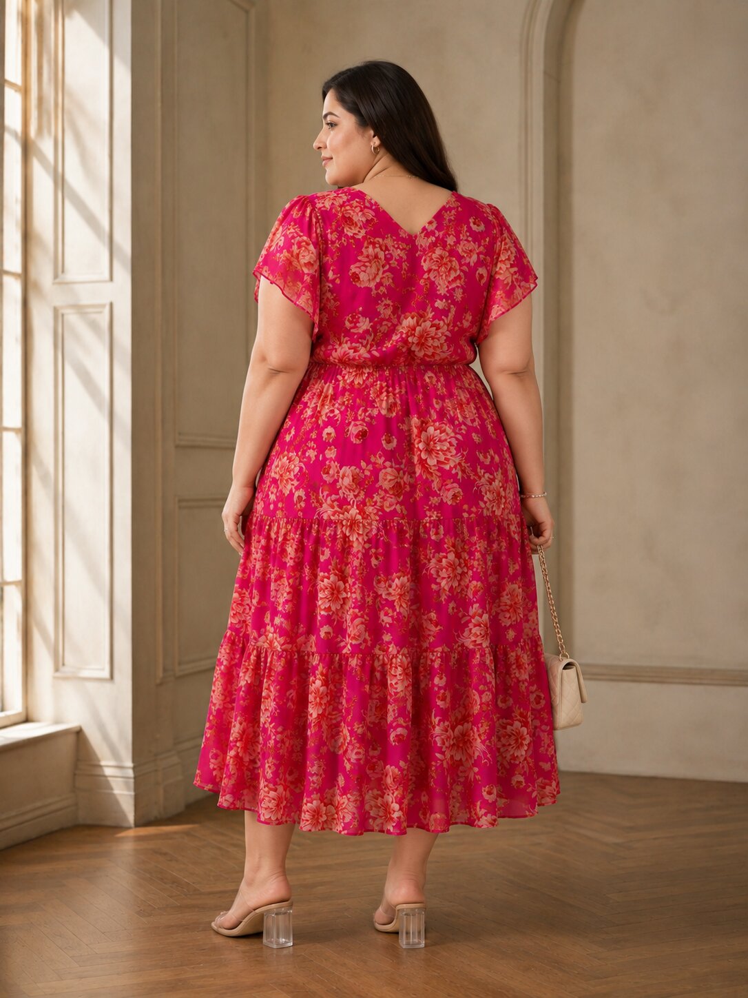 U&F Beyond Plus Size Georgette Pink Floral Printed Tiered Midi Dress