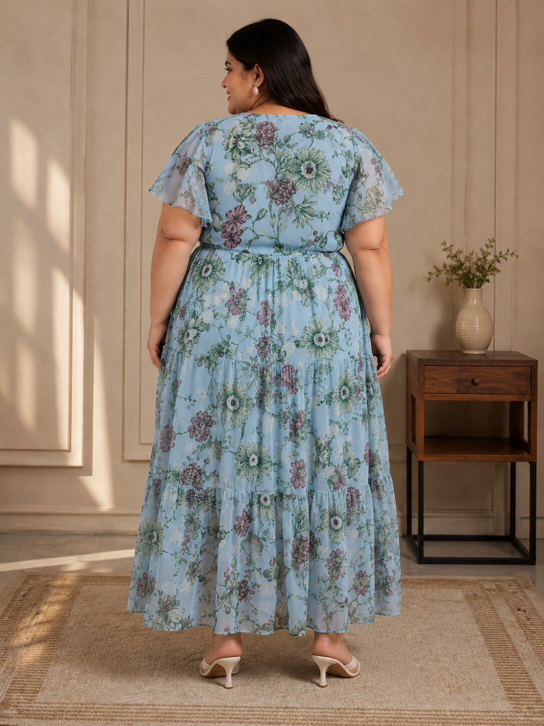 U&F Beyond Plus Size Georgette Light Blue Floral Printed Tiered Midi Dress