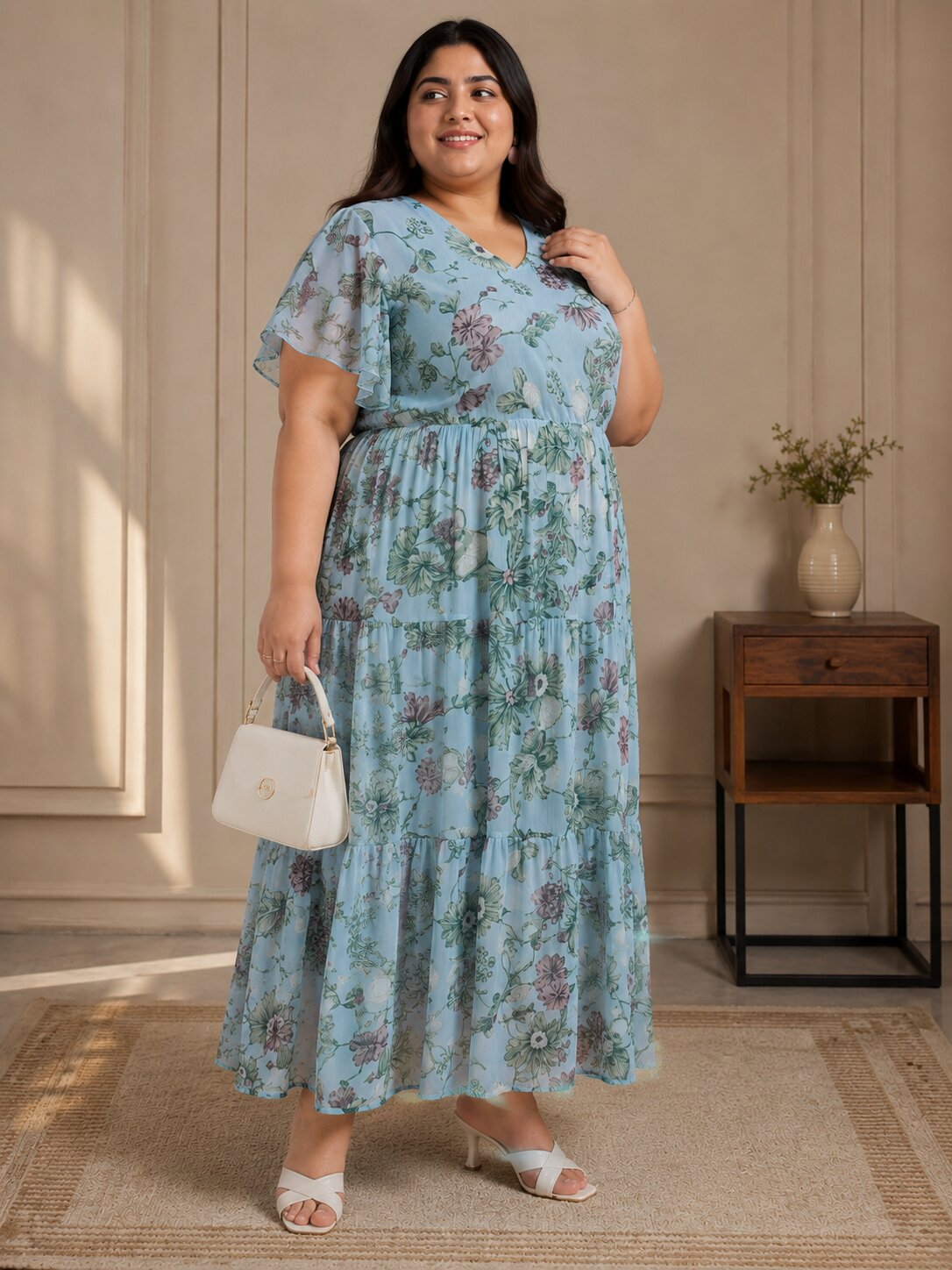 U&F Beyond Plus Size Georgette Light Blue Floral Printed Tiered Midi Dress