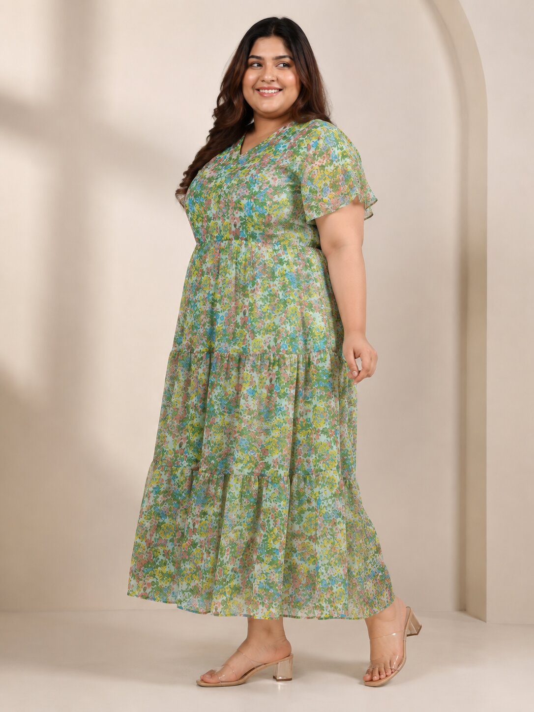 U&F Beyond Plus Size Georgette Green Floral Printed Tiered Midi Dress