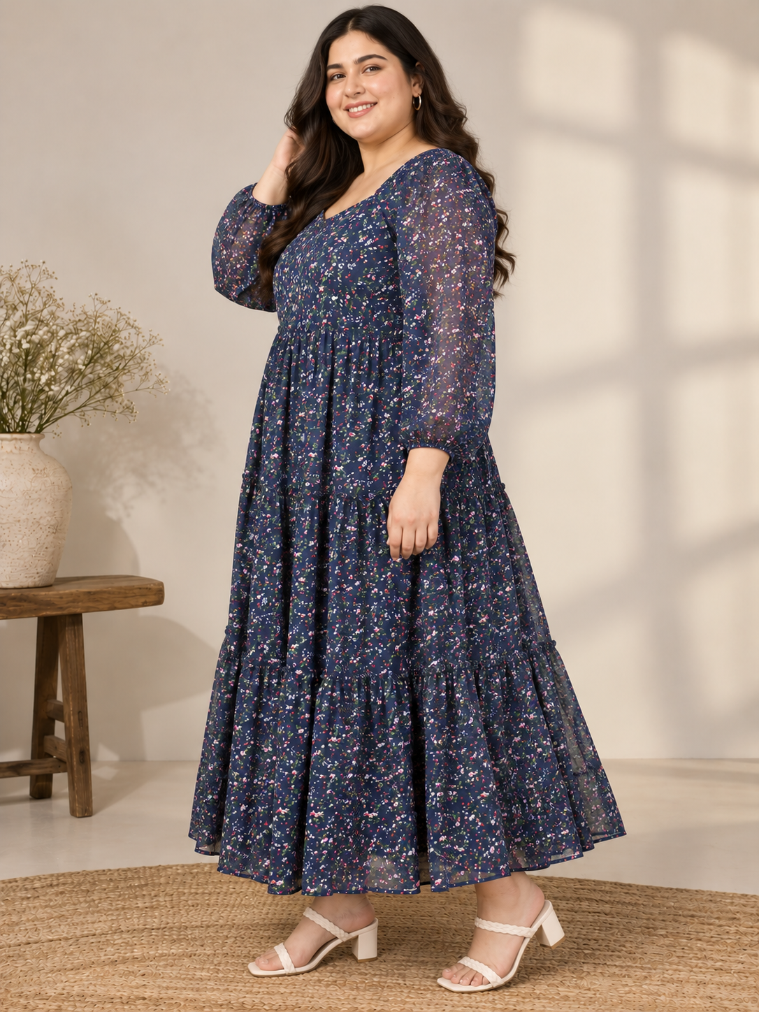 U&F Beyond Plus Size Floral Printed Navy Blue Tiered Maxi Dress