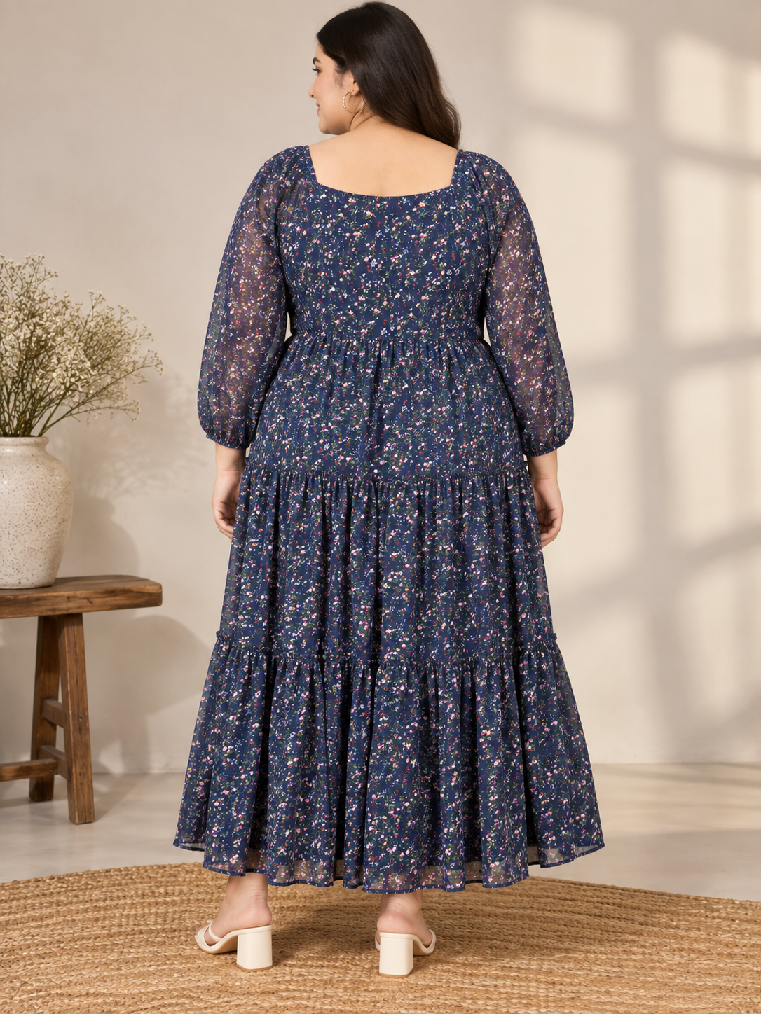 U&F Beyond Plus Size Floral Printed Navy Blue Tiered Maxi Dress