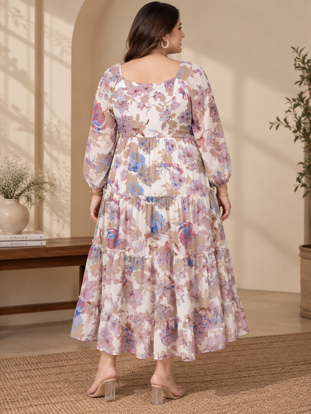 U&F Beyond Plus Size Off-White Floral Printed Midi Dress