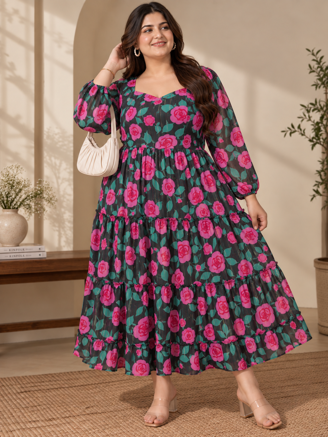 U&F Beyond Plus Size Floral Printed Black Tiered Midi Dress