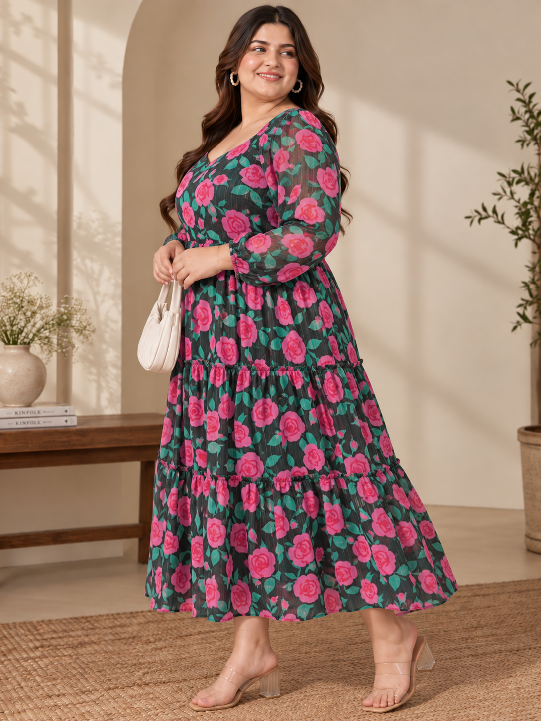 U&F Beyond Plus Size Floral Printed Black Tiered Midi Dress