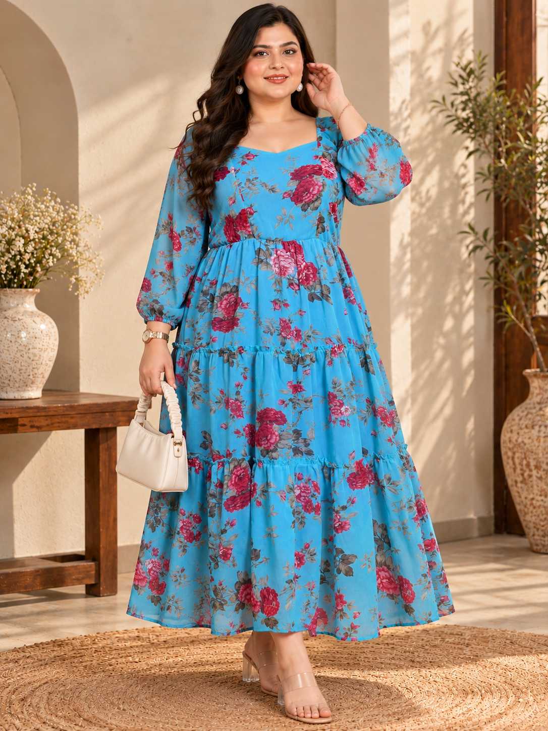 U&F Beyond Women Plus-Size Blue & Pink Floral Print Sweetheart Neck Georgette Maxi Dress