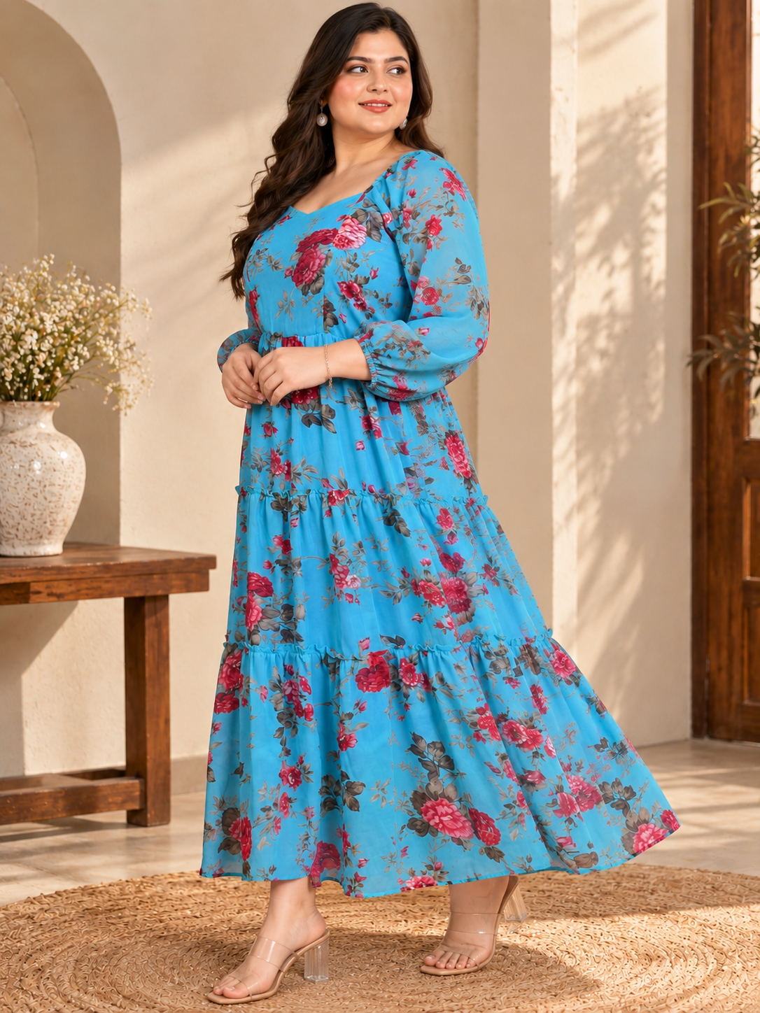 U&F Beyond Women Plus-Size Blue & Pink Floral Print Sweetheart Neck Georgette Maxi Dress