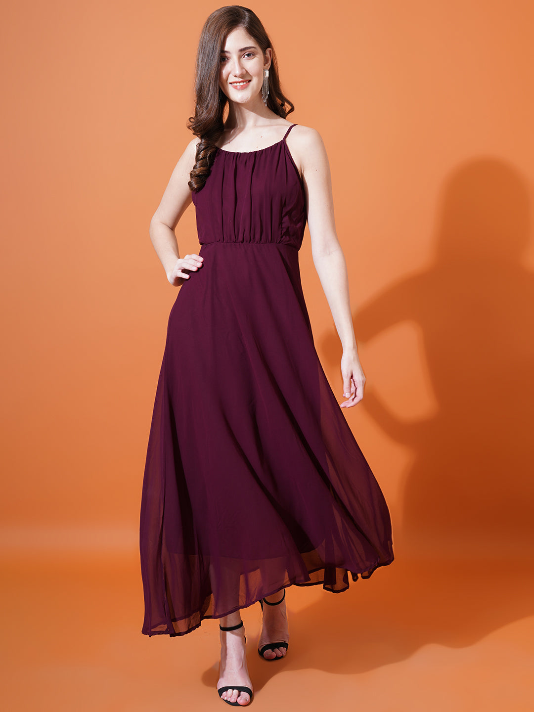 Women Shoulder Straps Ruffled Maxi Dress
