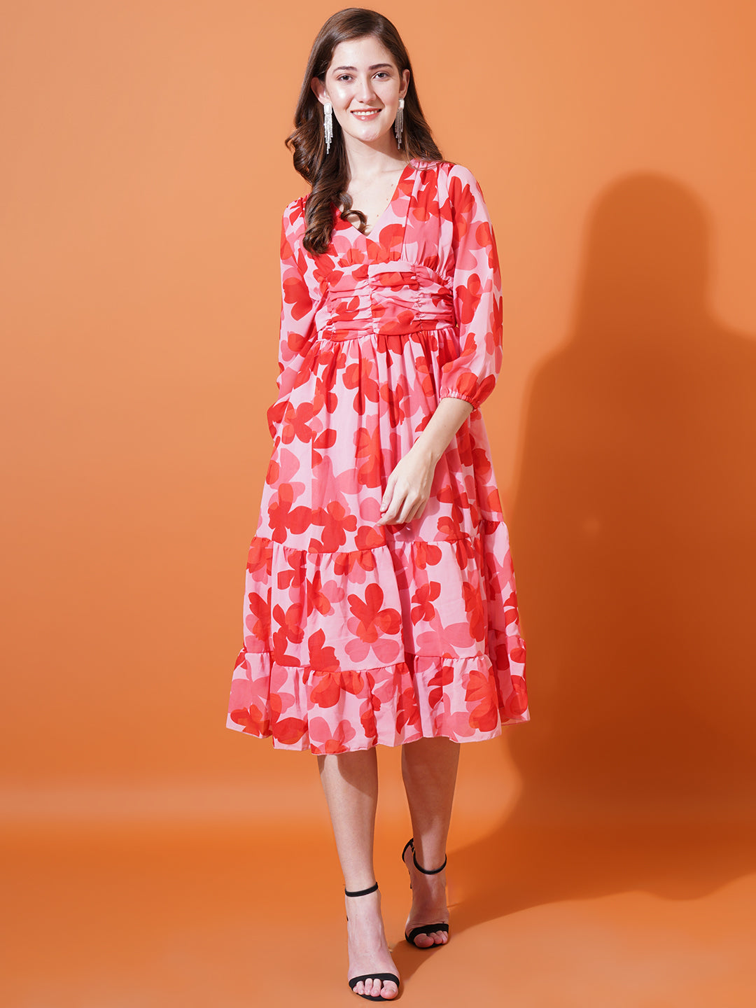 Women Red Floral Printed V-Neck Puff Sleeves Gathered Georgette Midi Fit & Flare Dress