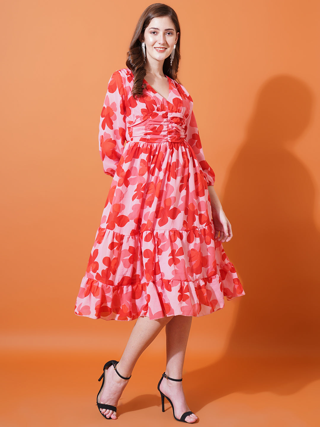 Women Red Floral Printed V-Neck Puff Sleeves Gathered Georgette Midi Fit & Flare Dress