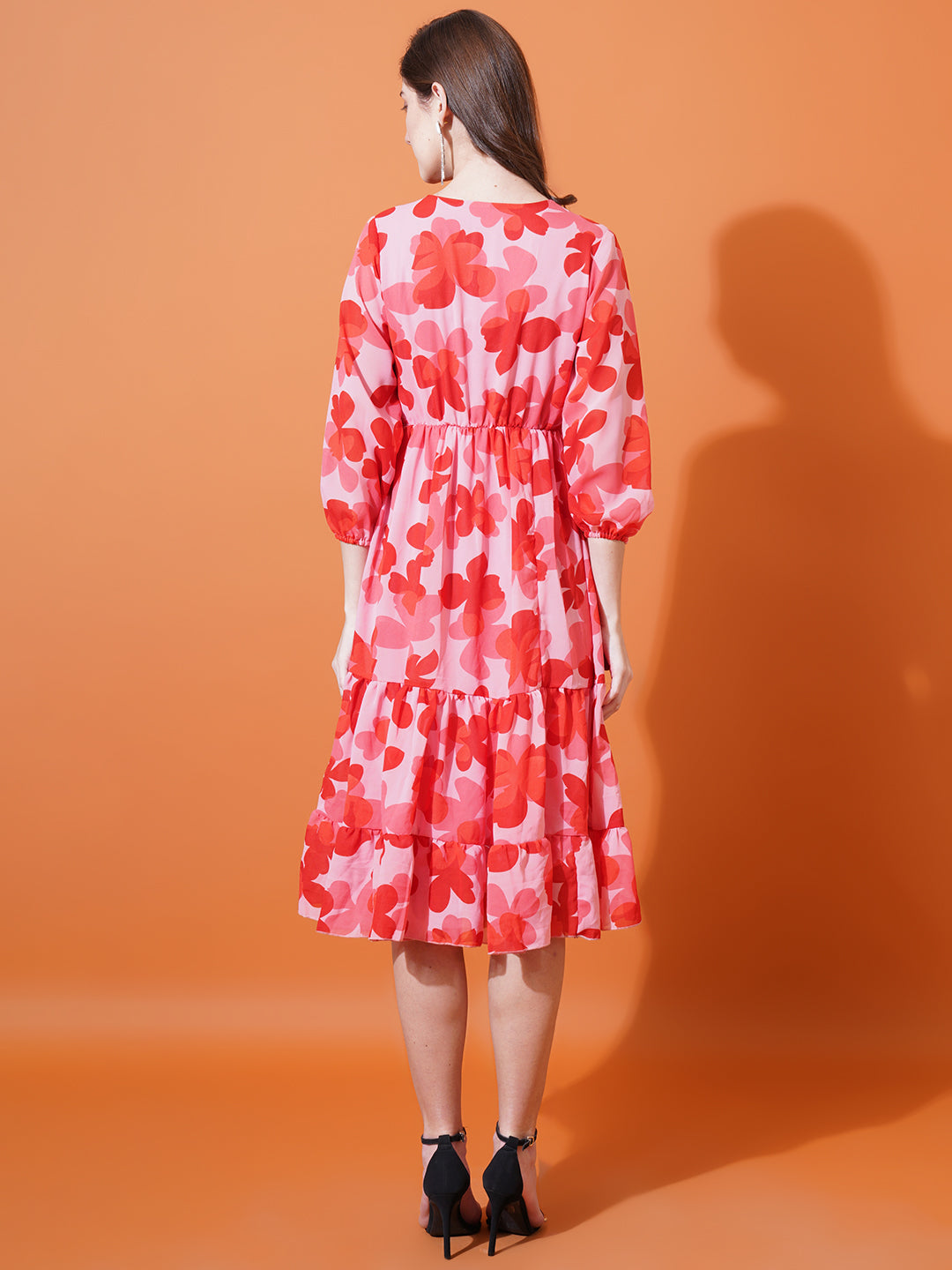 Women Red Floral Printed V-Neck Puff Sleeves Gathered Georgette Midi Fit & Flare Dress