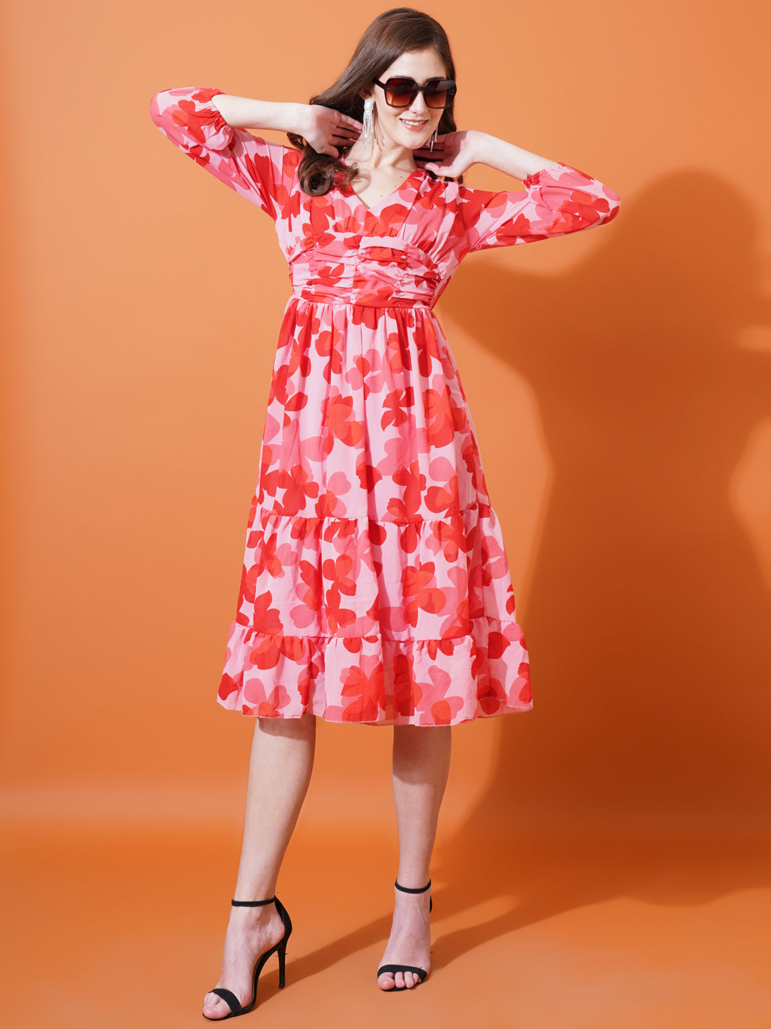 Women Red Floral Printed V-Neck Puff Sleeves Gathered Georgette Midi Fit & Flare Dress