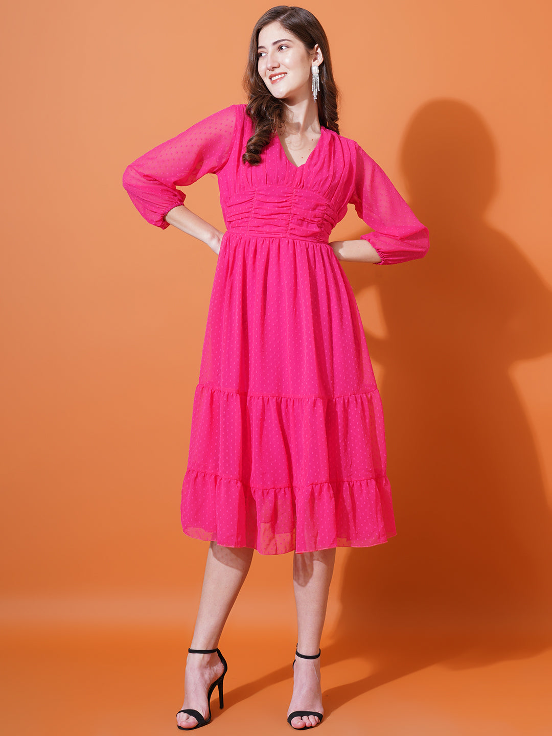 Women Magenta Self Design Puff Sleeves Gathered Georgette Midi Empire Dress