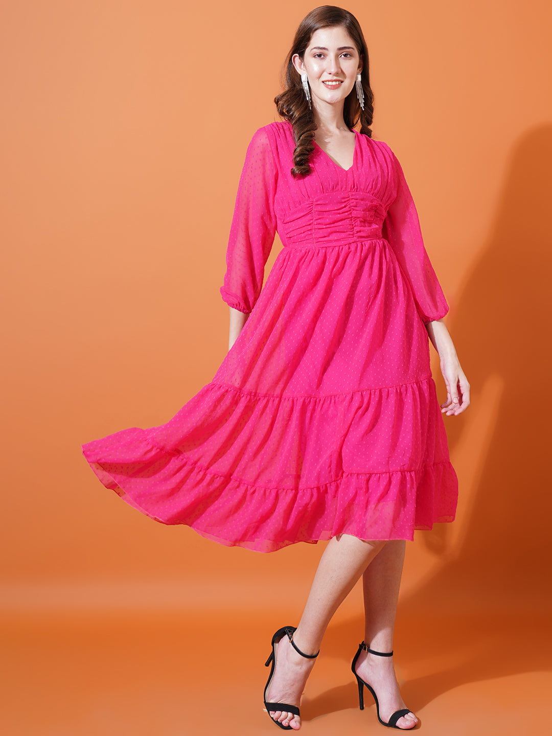 Women Magenta Self Design Puff Sleeves Gathered Georgette Midi Empire Dress