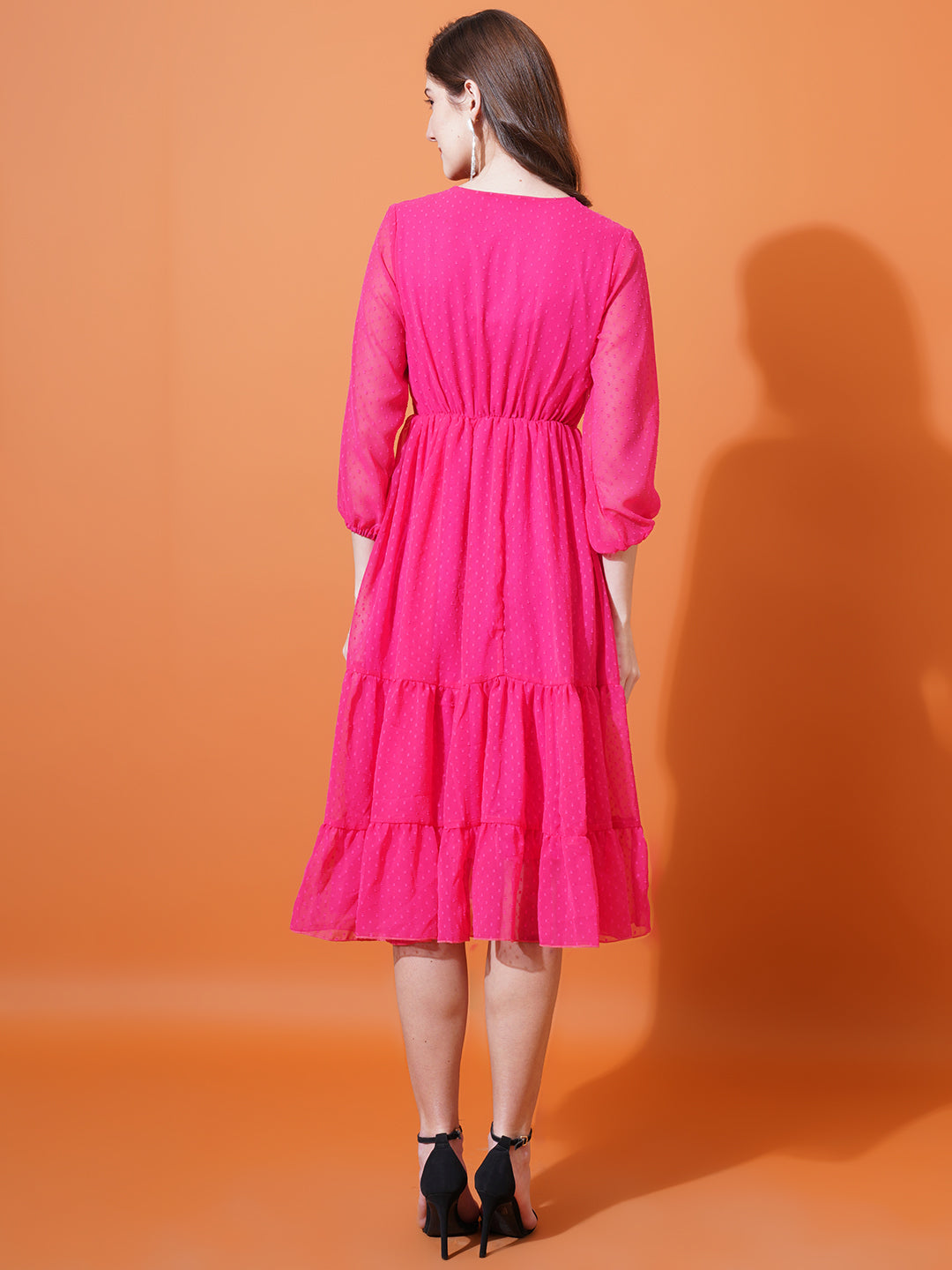 Women Magenta Self Design Puff Sleeves Gathered Georgette Midi Empire Dress