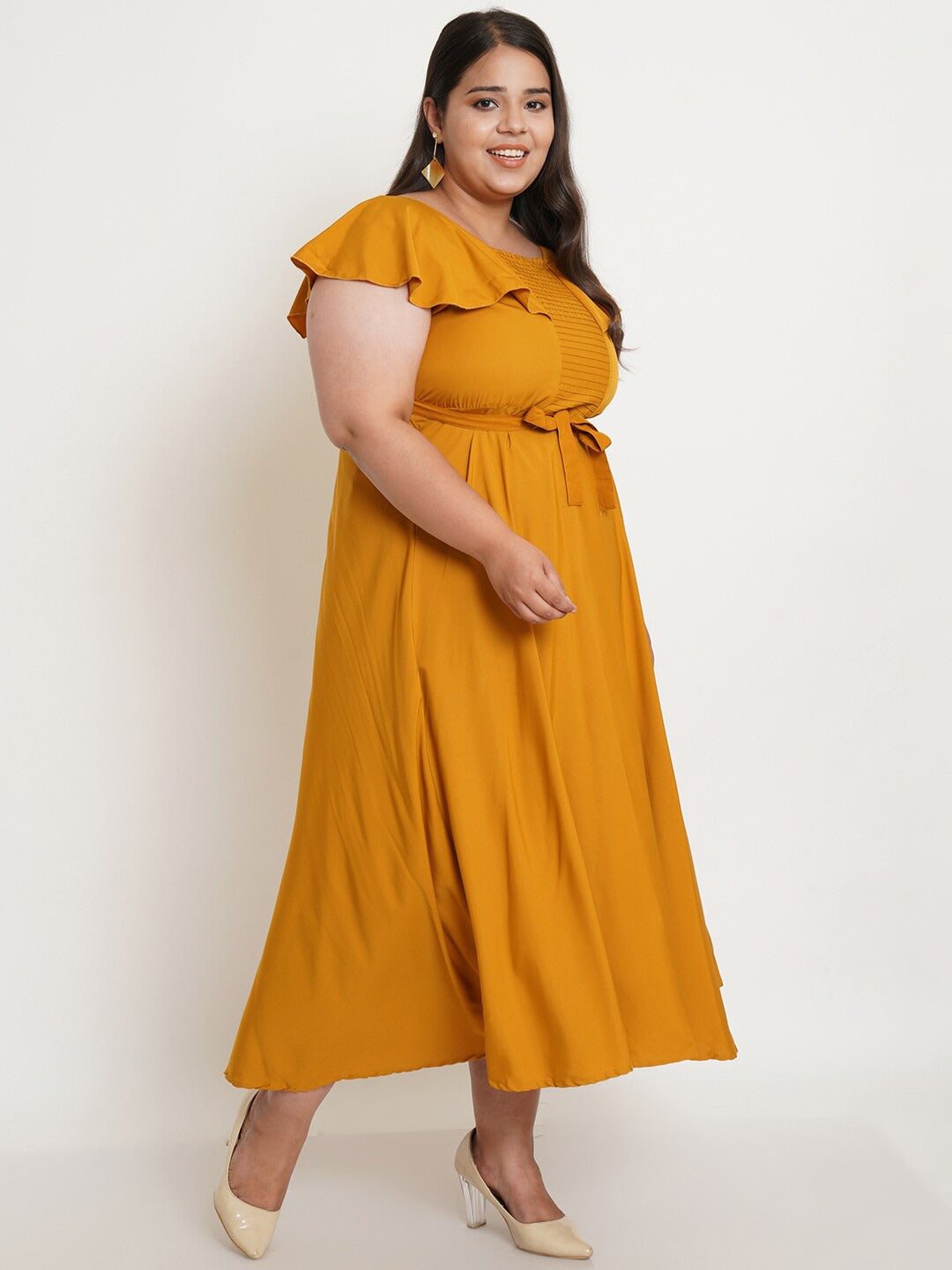 Women Plus Size Mustard Yellow Crepe Maxi Dress