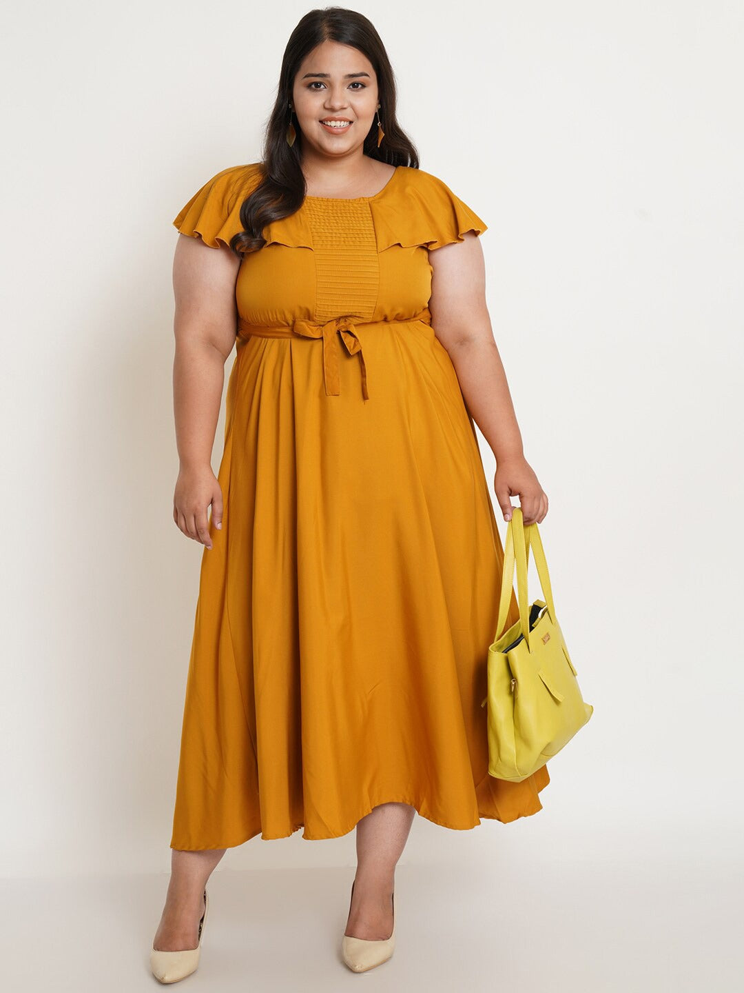 Women Plus Size Mustard Yellow Crepe Maxi Dress