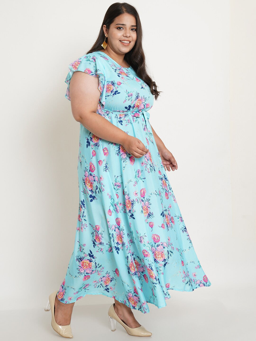 Women Plus Size Blue Floral Crepe Maxi Dress
