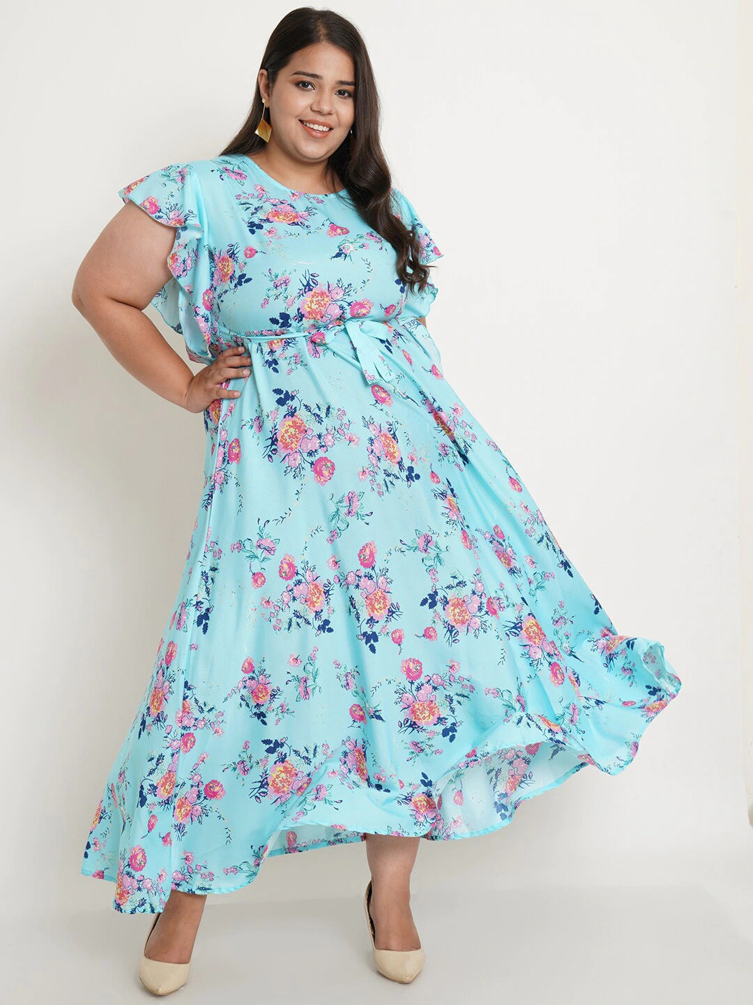 Women Plus Size Blue Floral Crepe Maxi Dress