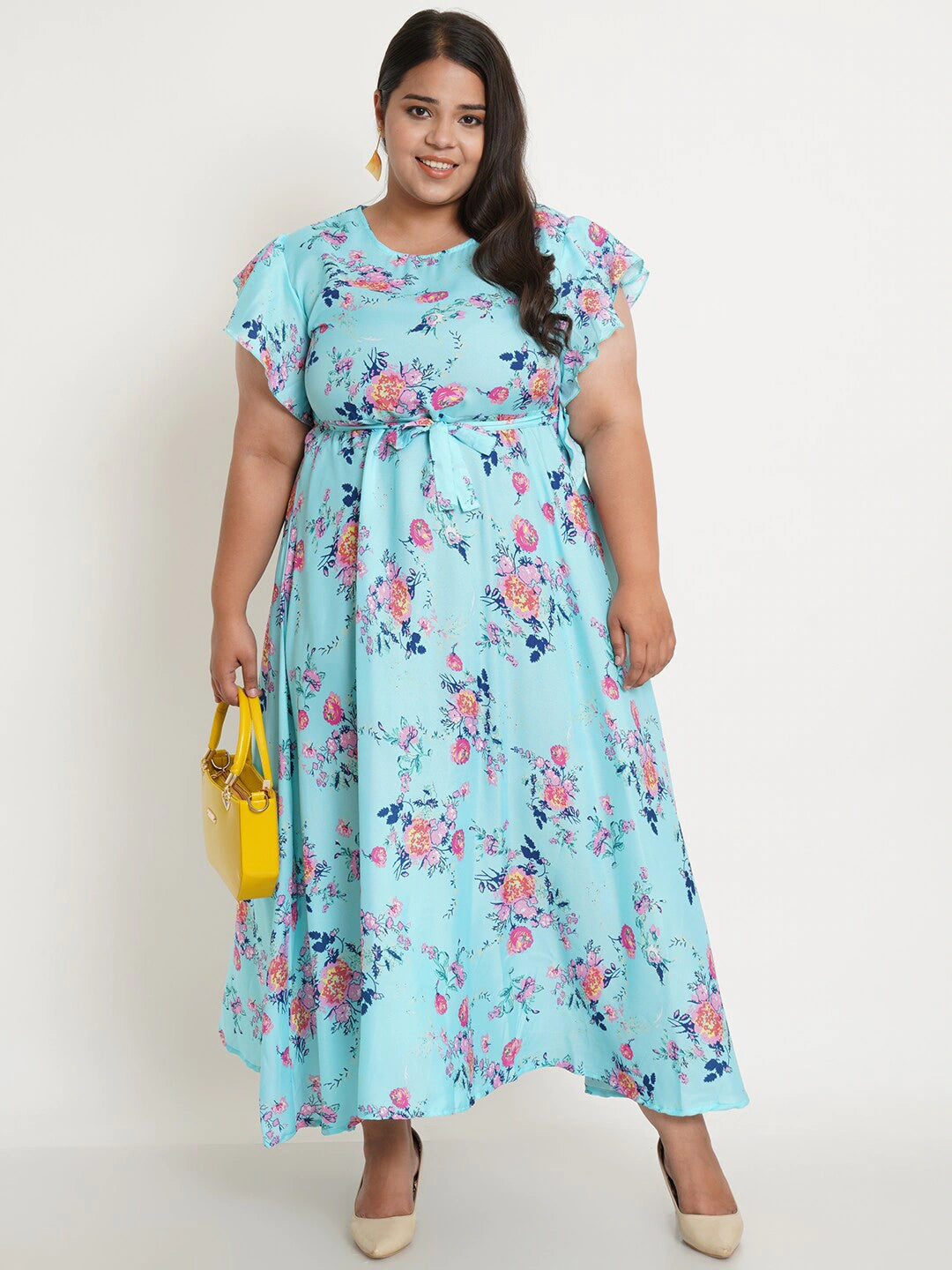 Women Plus Size Blue Floral Crepe Maxi Dress