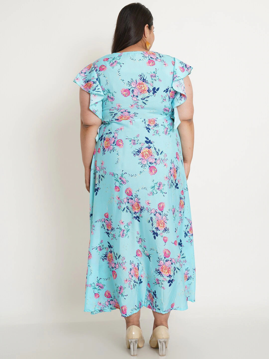 Women Plus Size Blue Floral Crepe Maxi Dress