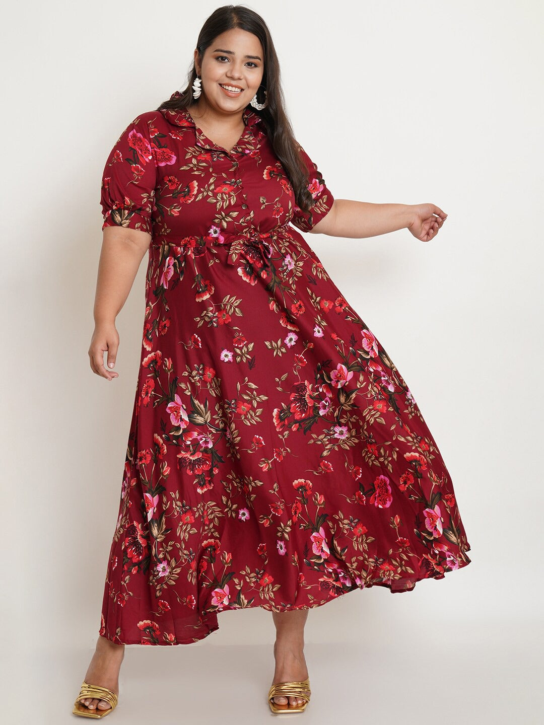 Women's Plus Size Maroon Floral Crepe Maxi Dress