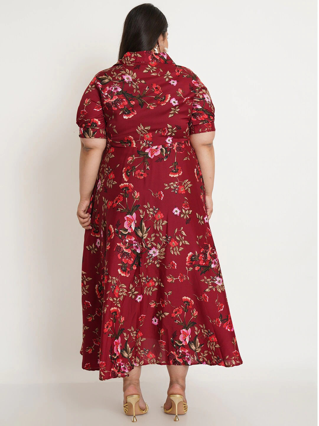 Women's Plus Size Maroon Floral Crepe Maxi Dress