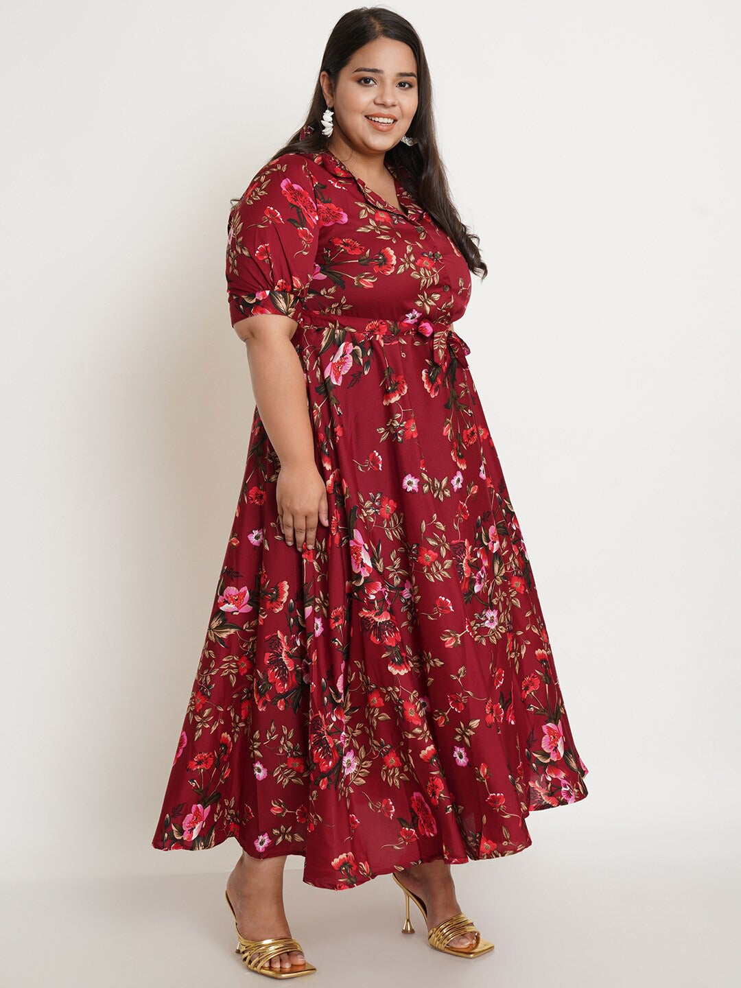 Women's Plus Size Maroon Floral Crepe Maxi Dress