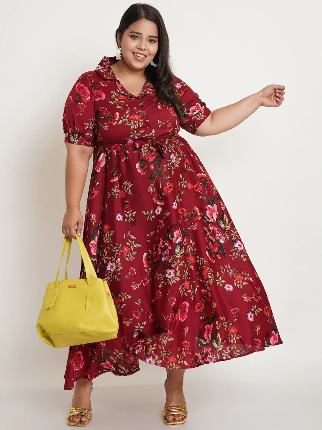 Women's Plus Size Maroon Floral Crepe Maxi Dress
