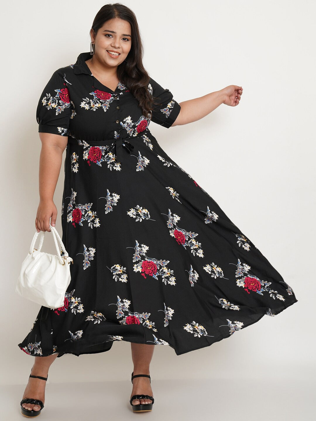 Women's Plus Size Black Floral Crepe Midi Dress