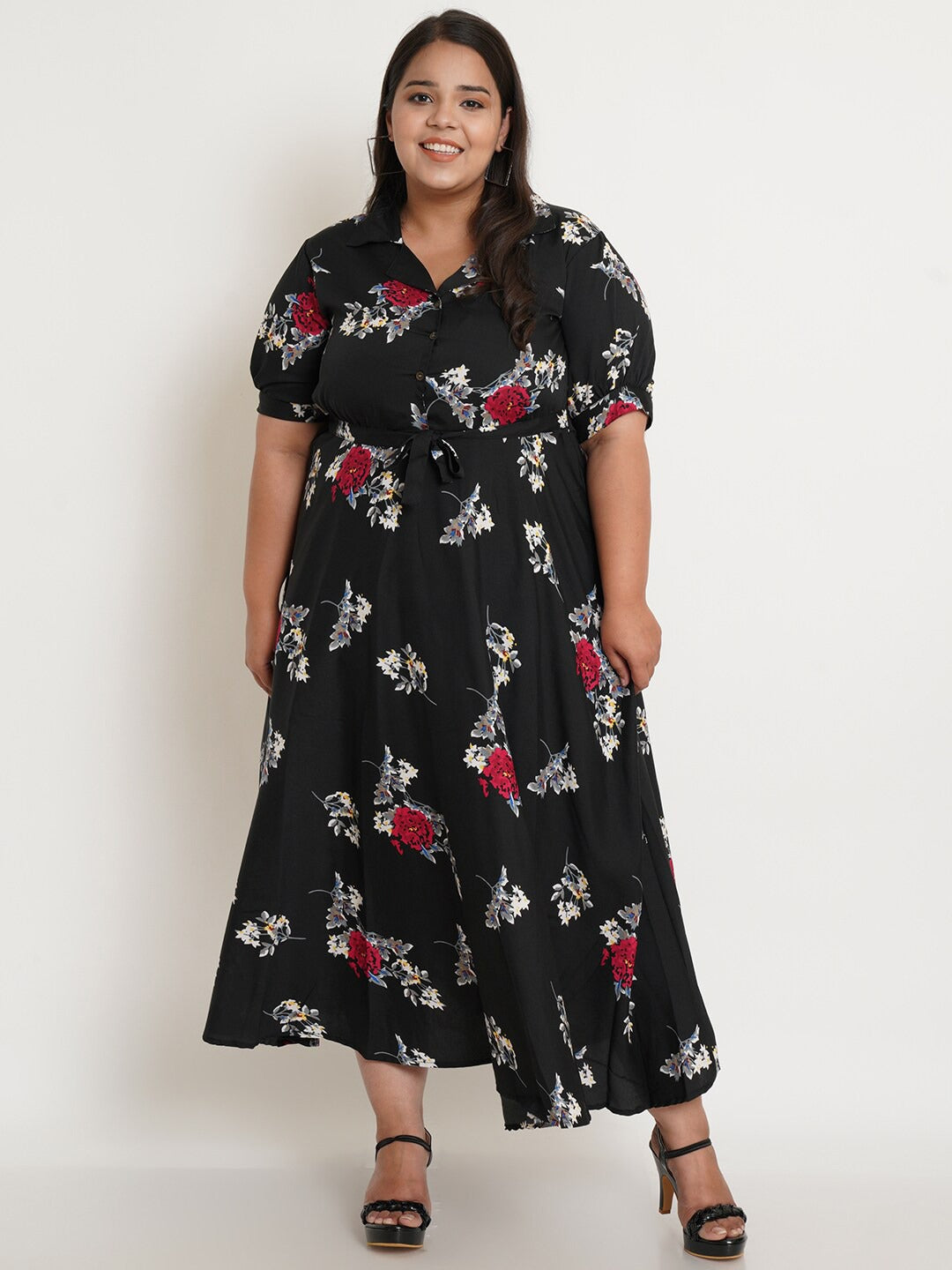 Women's Plus Size Black Floral Crepe Midi Dress
