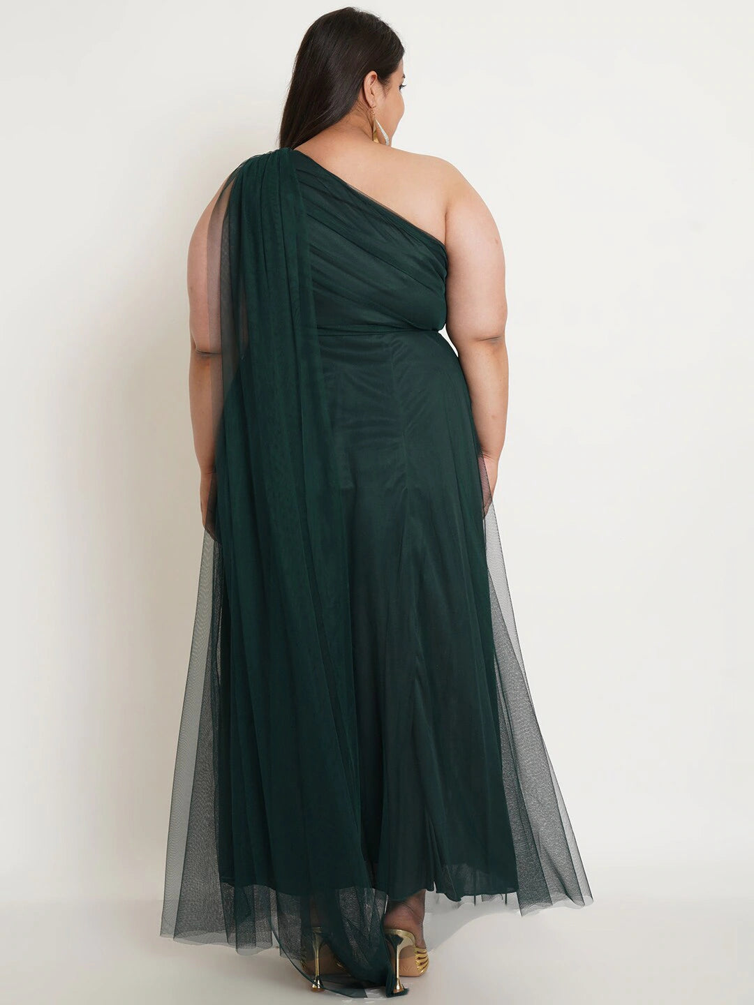 Women Plus Size Green One Shoulder Net Maxi Dress