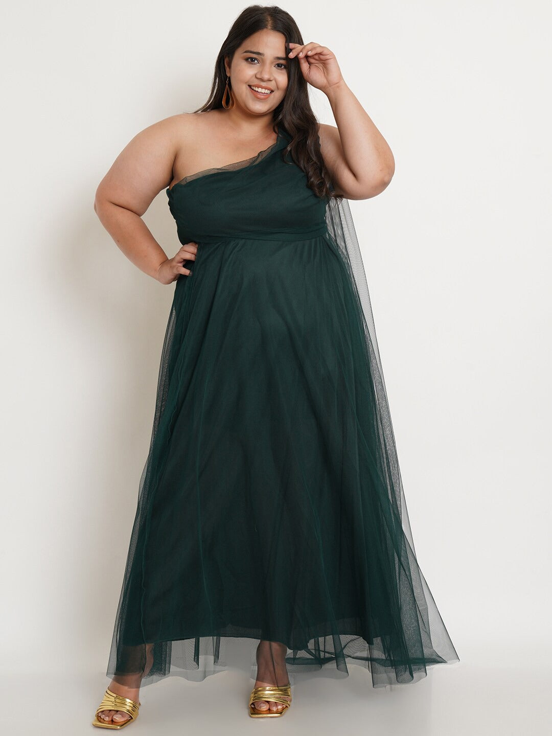 Women Plus Size Green One Shoulder Net Maxi Dress