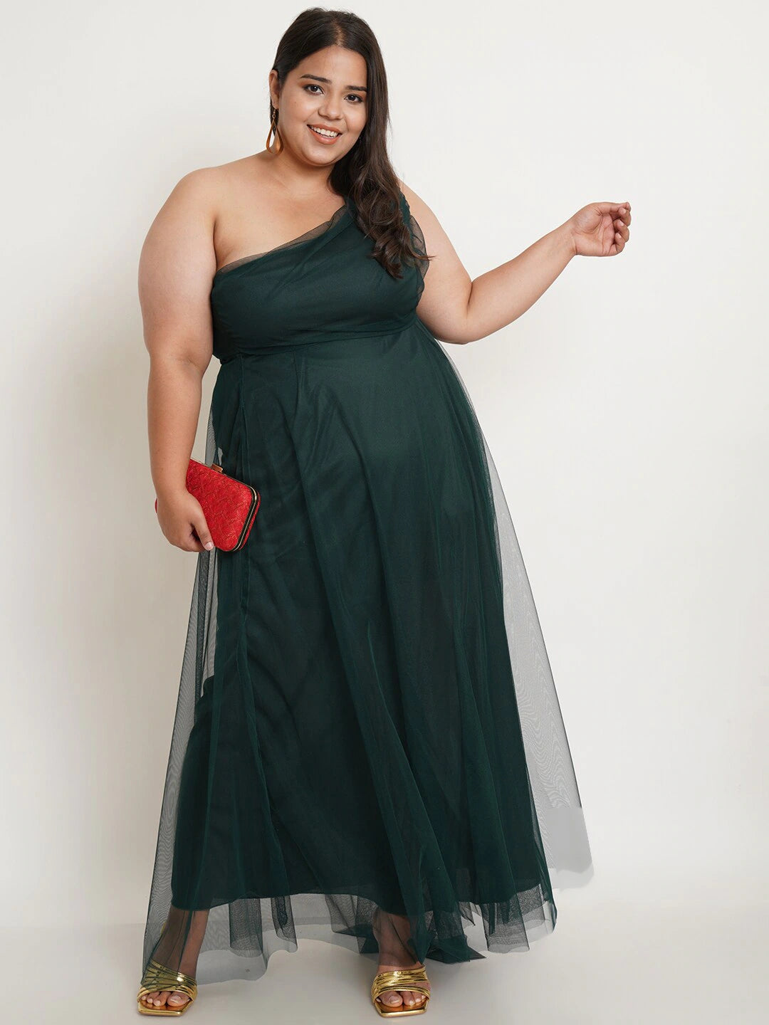 Women Plus Size Green One Shoulder Net Maxi Dress