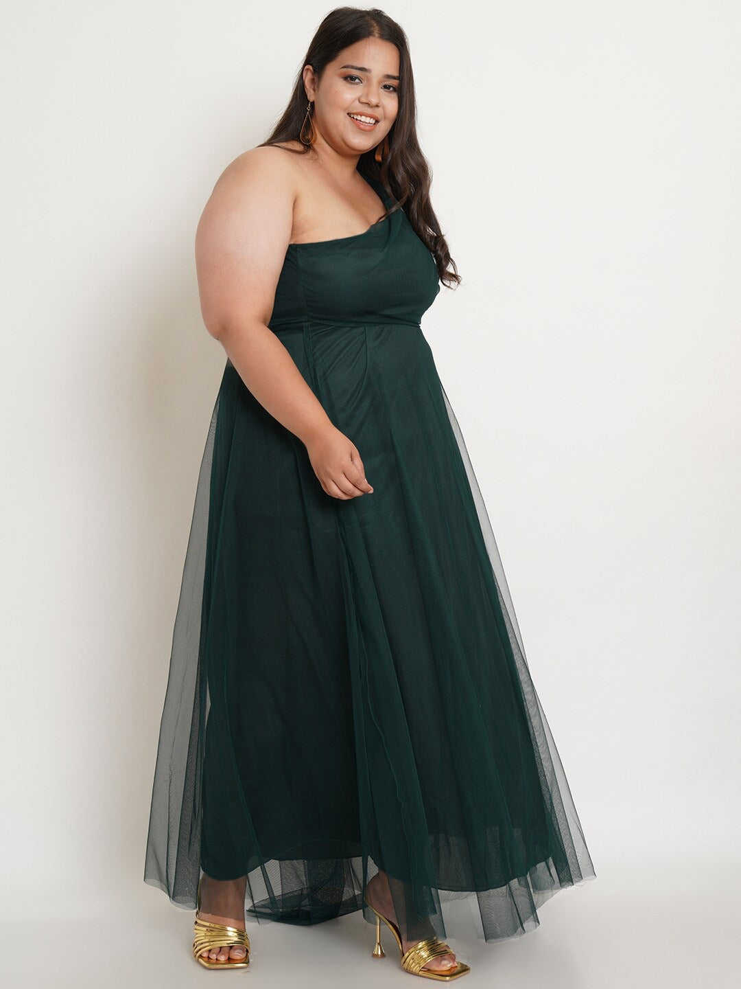 Women Plus Size Green One Shoulder Net Maxi Dress