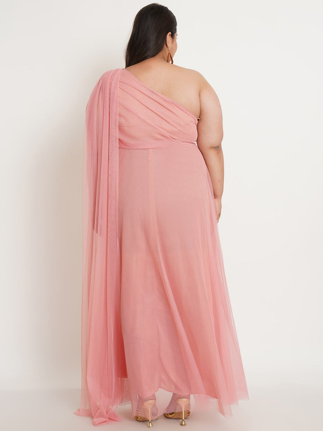 Women Plus Size Pink One Shoulder Net Maxi Dress