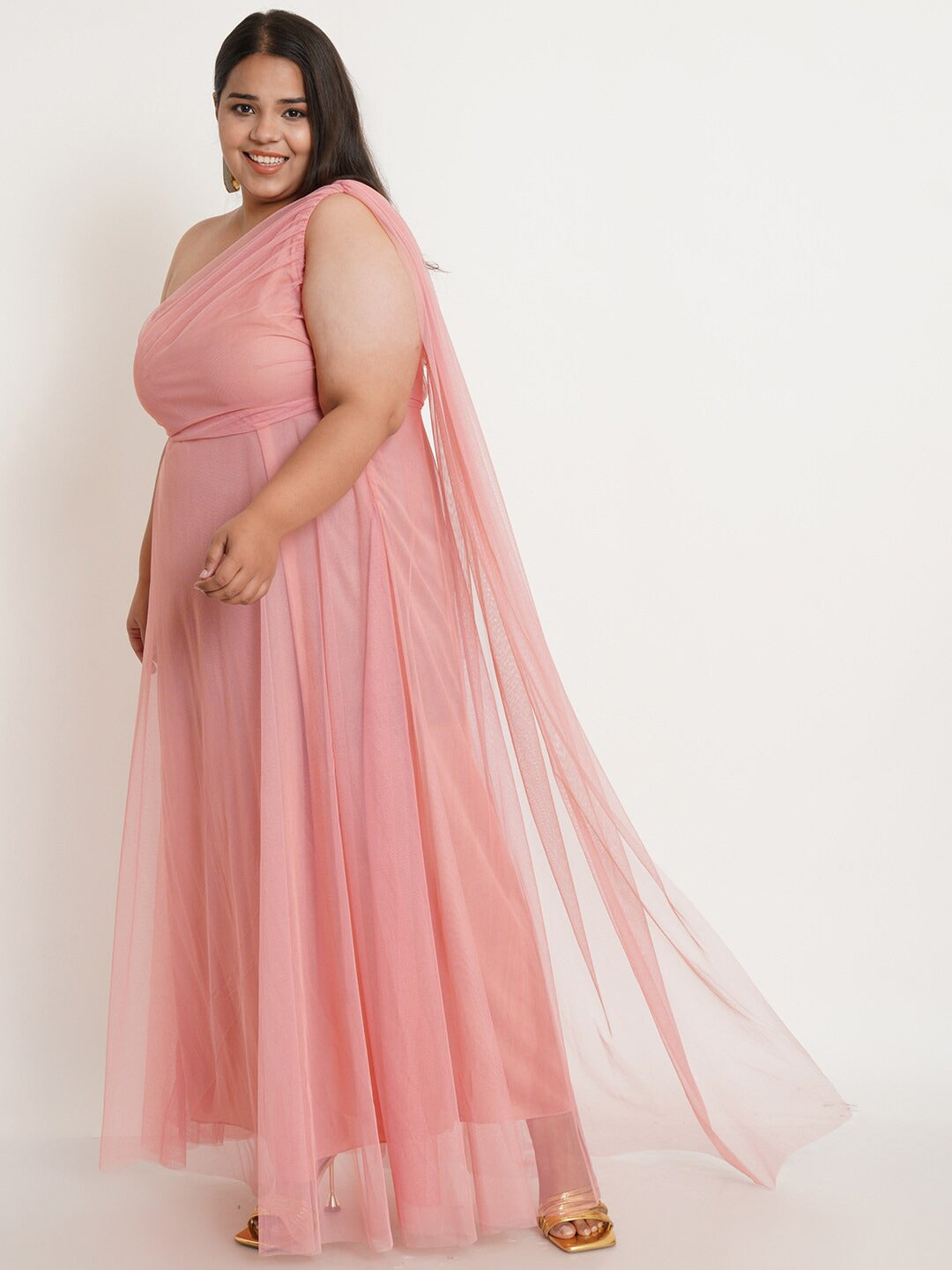 Women Plus Size Pink One Shoulder Net Maxi Dress